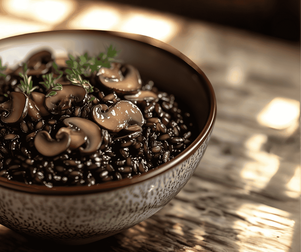 Prato finalizado de Arroz Negro com Funghi, com aparência rústica e sofisticada.