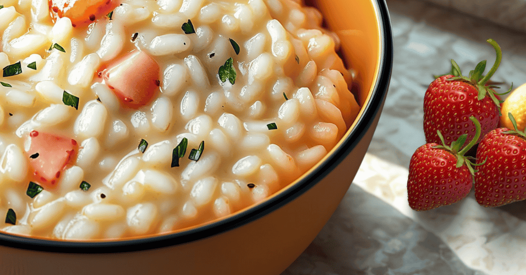 Prato finalizado de Risoto Agridoce de Morango, sofisticado e cremoso.