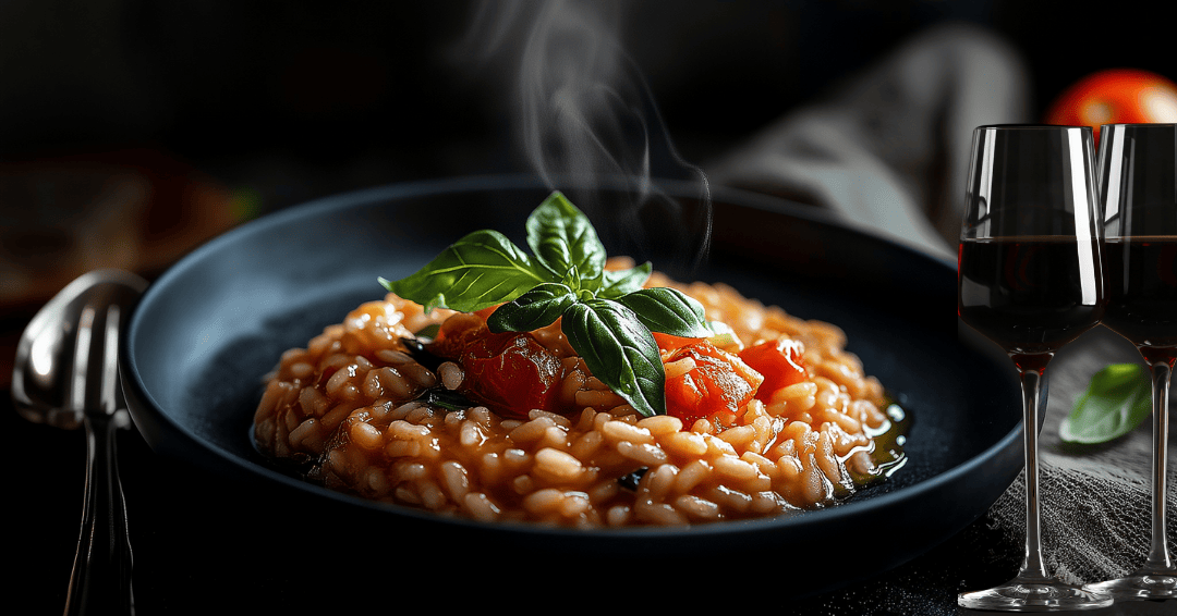 Prato finalizado de Risoto Pomodori & Pesto, decorado com manjericão fresco.