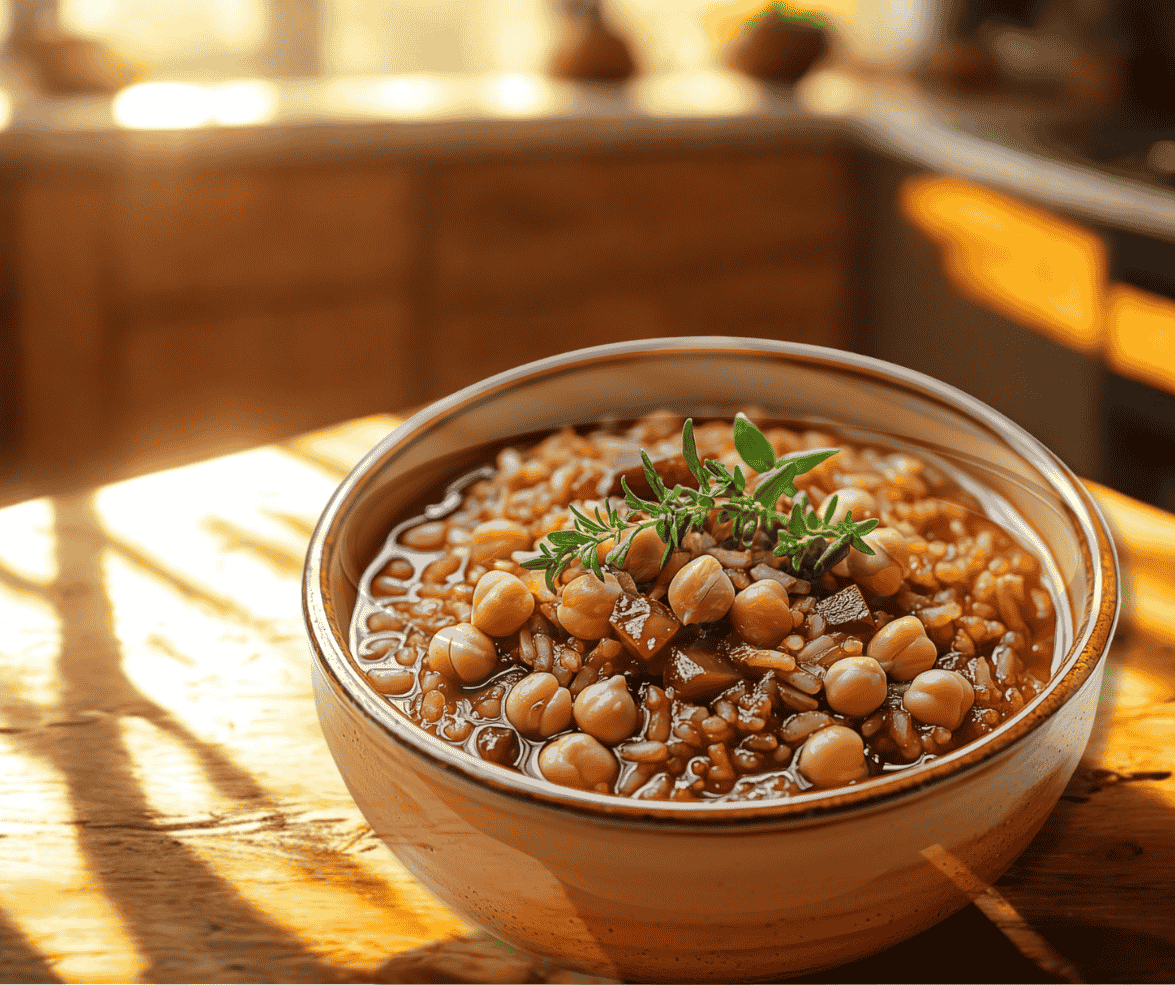 Prato finalizado de Refeição Mediterrânea com grão de bico e arroz vermelho.