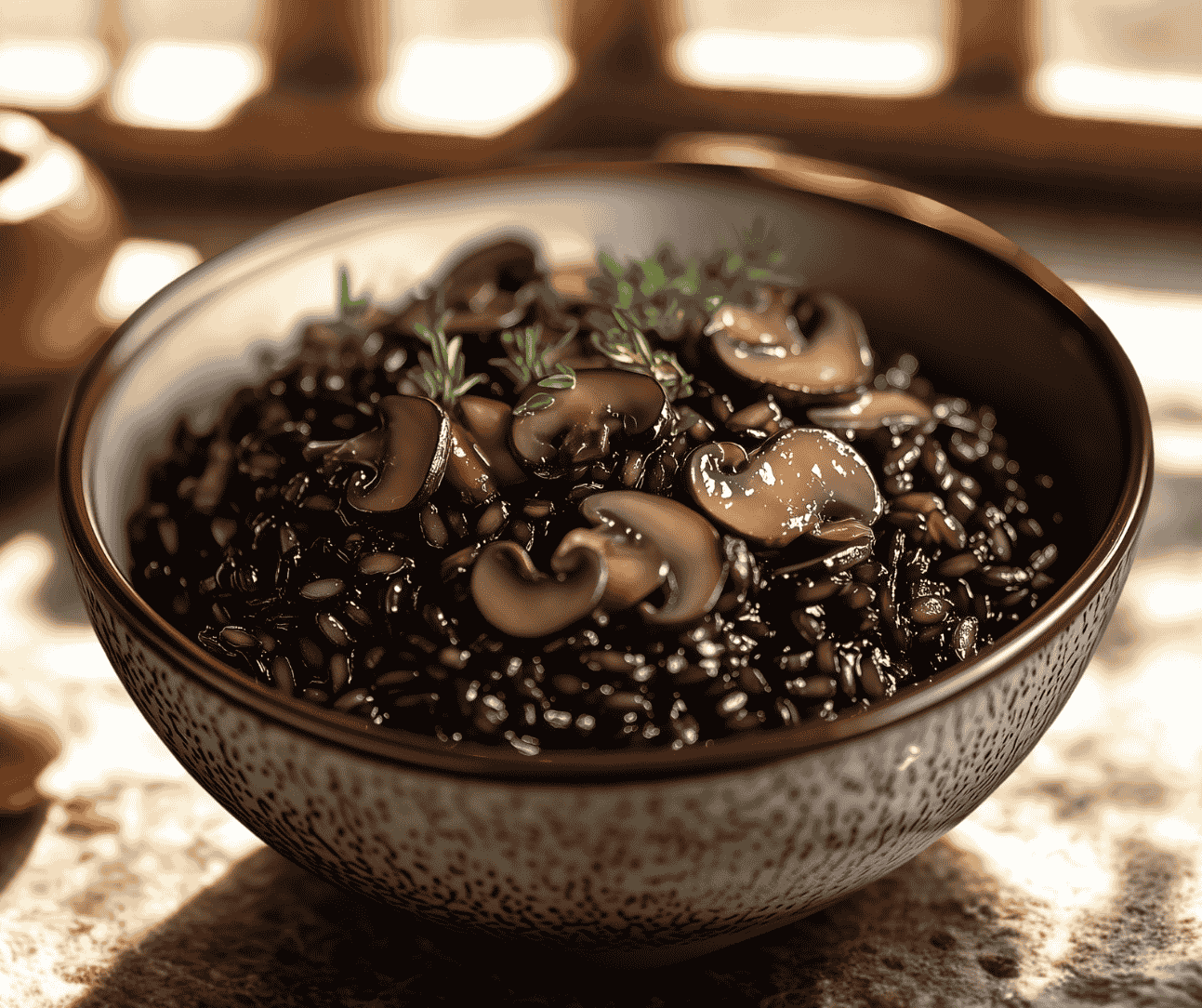 Prato de Arroz Negro com Funghi, rústico e sofisticado, representando os arrozes do mundo e a culinária da ChefBrico.