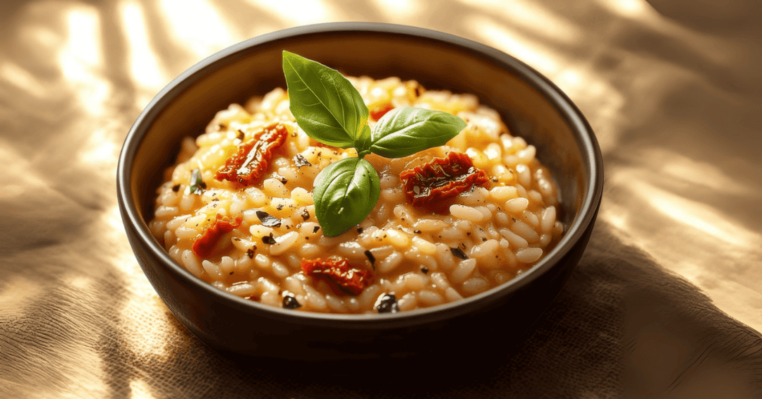 Prato finalizado de Risoto de Tomate e Manjericão, cremoso e reconfortante.