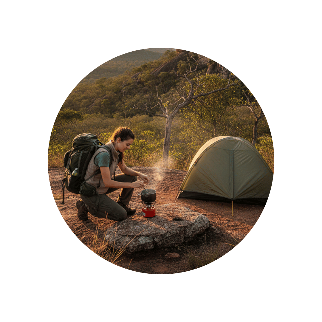 Paisagem vibrante do Cerrado com uma mochila de trilha em primeiro plano.